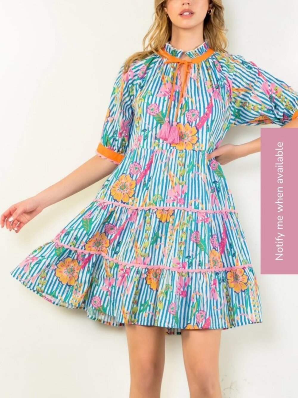 NWT: THML Tassel Tie Floral Striped Tiered Dress- Blue, Sz. M W